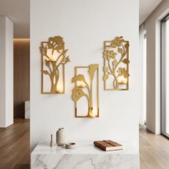 Gold Decorative set of 3 flower frame Wall Shelf MDF Yes 6 Candles! (3GFFS)